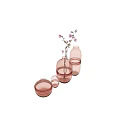 Decorative Ornament Set with Pink Glass Vases in Various Sizes Striped Details and Flower Branch