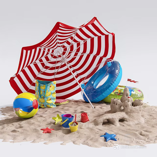 Beach Sports Equipment Collection With Umbrella Beach Ball Inflatable Ring And Sand Toys 3d model 