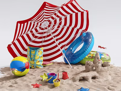 Beach Sports Equipment Collection With Umbrella Beach Ball Inflatable Ring And Sand Toys 3d model