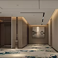 Hotel Corridor With Elevators Recessed Lighting Patterned Carpet And Decorative Painting 3d model