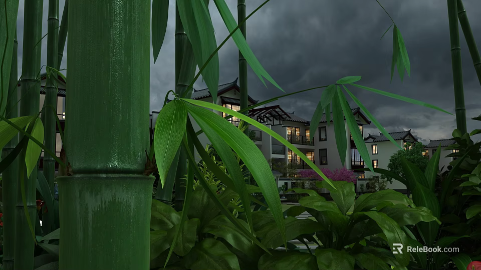 Idyllic Garden Landscape with Lush Bamboo Green Leaves Traditional Buildings and Surrounding Greenery 3d model 