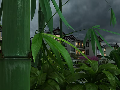 Idyllic Garden Landscape with Lush Bamboo Green Leaves Traditional Buildings and Surrounding Greenery 3d model