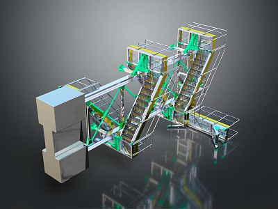 Industrial Style Metallic Frame Staircase With Green Supports And Interconnected Platforms 3d model