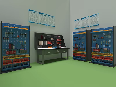 Organized Hardware Tools Storage System with Blue Racks Workbench and Wall Charts 3d model