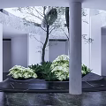 Serene Garden Landscape With Circular Platform Fire Pit Lounge Chair Water Feature And Greenery