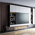 Modern TV Wall Unit Design With White Cabinets Large Screen TV LED Lighting And Fireplace