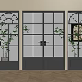 Casement Doors With Grid Patterned Glass And Dark Gray Frames In Modern Interior Design 3d model