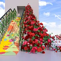 Floral Display with Red and Pink Flowers Decorating Staircase Railing Wall and White Bench