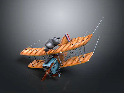 3D Model of Vintage Biplane With Orange Striped Wings Gray Engine and Blue Fuselage 3d model