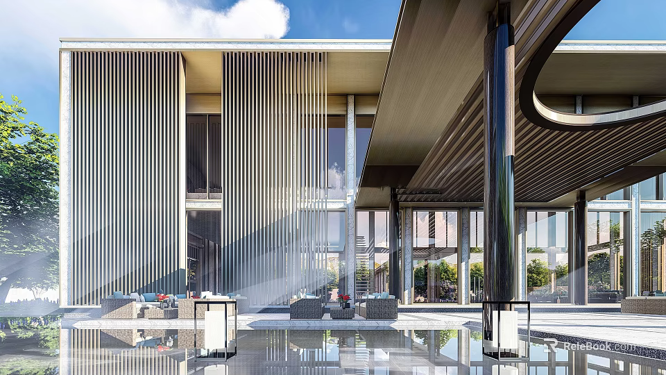 Modern Sales Office Building With Vertical Slats Glass Facade And Water Reflection Pool 3d model 