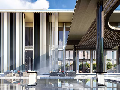 Modern Sales Office Building With Vertical Slats Glass Facade And Water Reflection Pool 3d model