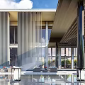 Modern Sales Office Building With Vertical Slats Glass Facade And Water Reflection Pool