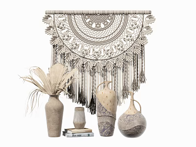 Bohemian Decorative Ornament Set With Macramé Wall Hanging Ceramic Vases Pampas Grass And Books 3d model