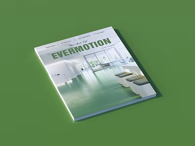 EVERNIOION Magazine Showcasing Modern Interior Design With White Furniture Windows And Green Floor 3d model