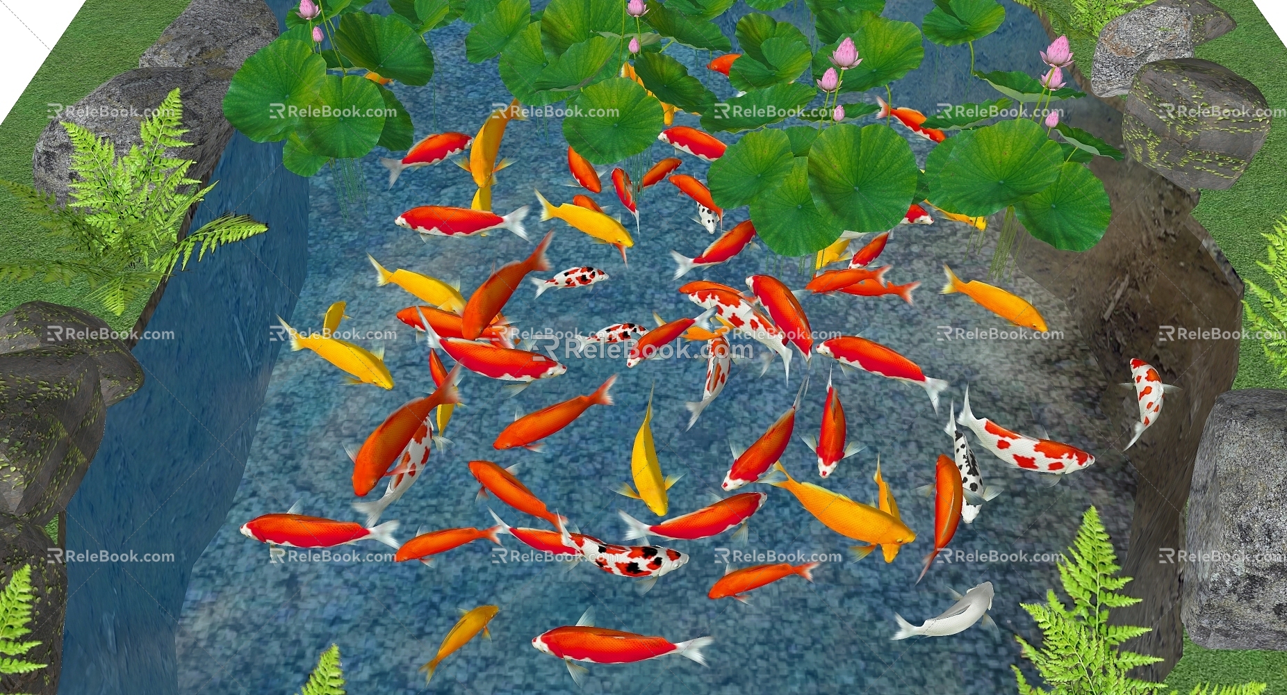 Koi carp carp goldfish koi combination red yellow goldfish lotus water lily lotus leaf aquatic plant lotus landscape plant lotus leaf lotus canopy 3d model