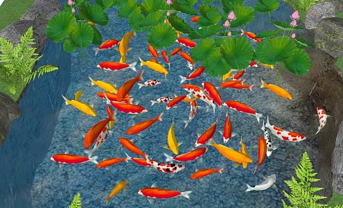 Koi carp goldfish koi combination red yellow goldfish lotus water lily lotus leaf aquatic plant lotus landscape plant lotus leaf lotus canopy 3d model