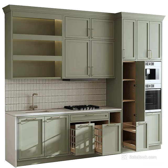 Light Green Kitchen Cabinets With Open Shelves Countertop And Tile Backsplash 3d model 