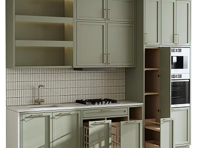 Light Green Kitchen Cabinets With Open Shelves Countertop And Tile Backsplash 3d model