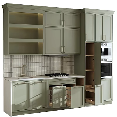 Light Green Kitchen Cabinets With Open Shelves Countertop And Tile Backsplash 3d model