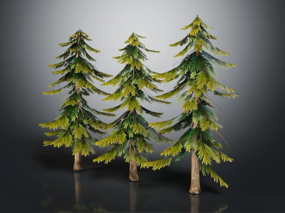 Three Green Pine Trees With Brown Trunks And Green Needles On Gray Background 3d model