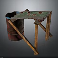 Rustic Handmade Table Featuring Red Metal Barrel Base And Colorful Wooden Top