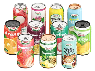 Fruity Brand Canned Drinks With Various Flavors Including Strawberry Pineapple Orange Mango And Coffee 3d model