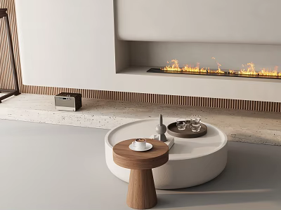 Modern White Round Coffee Table With Wooden Side Table Tray Glasses Cup And Fireplace Background 3d model