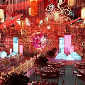 Chinese Style Banquet Hall With Red Decor Lanterns Flowers Chandeliers And Traditional Patterns
