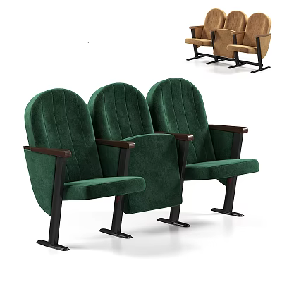 Row Designed Green Upholstered Public Chairs With Wooden Armrests And Black Metal Legs 3d model