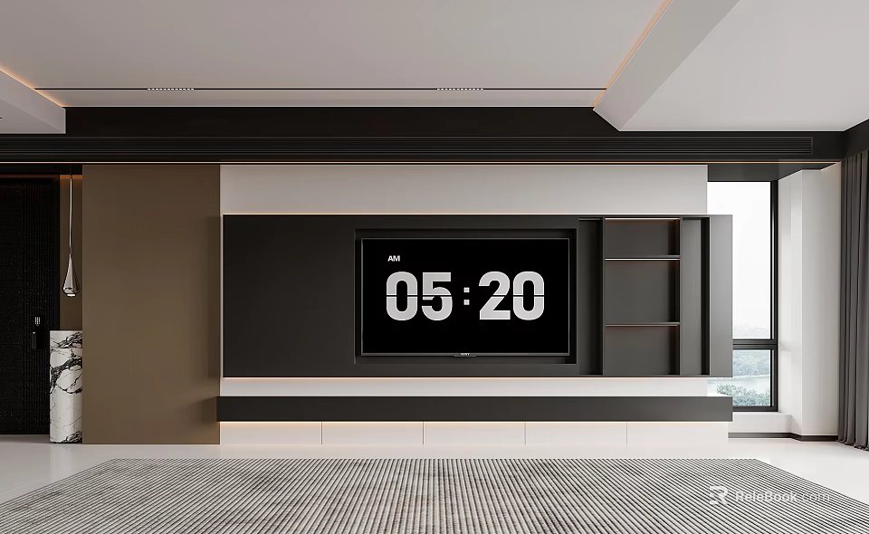 Modern Living Room TV Wall Design With Flat Screen TV Cabinets And Shelves 3d model 