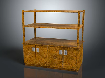Wooden Storage Cabinet With Upper Open Shelves And Lower Cabinet Doors Silver Handles 3d model