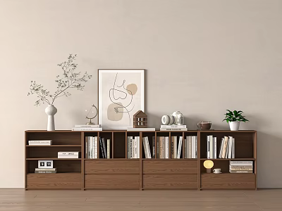 Minimalist Wooden Bookcase Interior With Books Decorative Items And Potted Plant 3d model