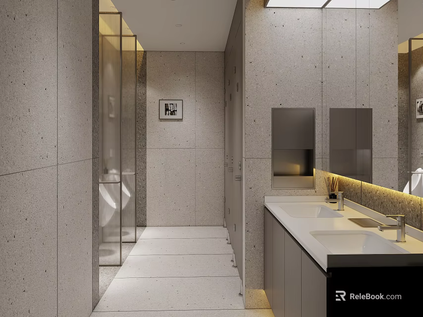 Bank Restroom Facilities With Modern Design Clean Sinks And Stalls 3d model 