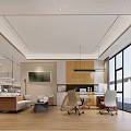 Modern Public Office Space with Multiple Desks Computers Gray Office Chairs Wooden Flooring Circular Lights