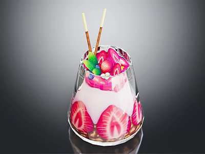 Fresh Strawberry Yogurt Dessert In Transparent Glass With Pink White Layers And Decorative Sticks 3d model