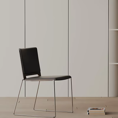 Modern Black Leather Dining Chair With Slim Metal Legs And White Wall Background 3d model