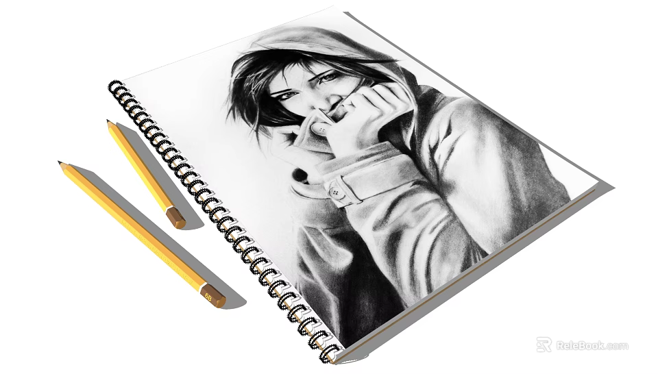 Artistic Drawing Pencils on Open Sketchbook with Detailed Portrait Sketch 3d model 