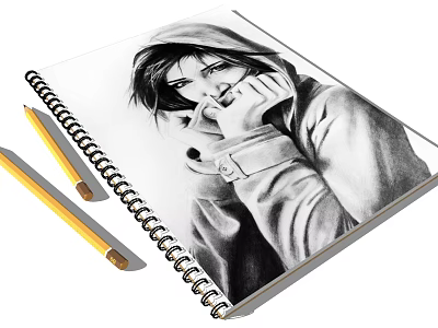 Artistic Drawing Pencils on Open Sketchbook with Detailed Portrait Sketch 3d model