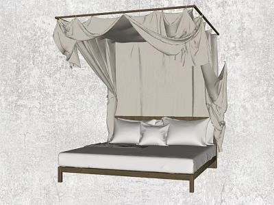 Cozy Four Poster Double Bed With Beige Drapes Wooden Frame And Gray Mattress 3d model