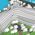 Modern Curved Roof Building Exterior With Landscaping Trees And Water Area