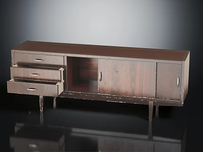 Dark Wooden TV Stand With Drawers Cabinet Doors And Sleek Metal Legs Design 3d model