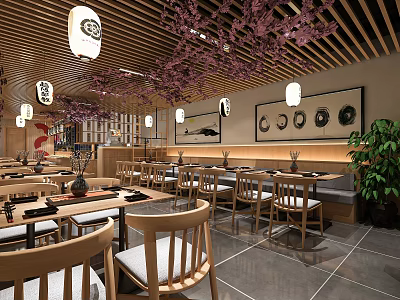 Japanese Restaurant Interior Design With Cherry Blossom Decor Wooden Tables Chairs And Lanterns 3d model