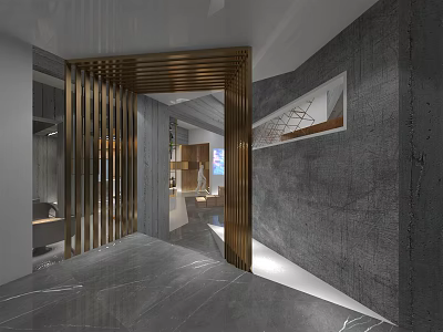 Modern Boutique Store Interior With Golden Slats Partition And Gray Textured Walls 3d model