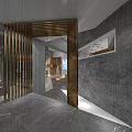 Modern Boutique Store Interior With Golden Slats Partition And Gray Textured Walls