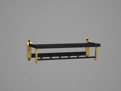 Stylish Bathroom Accessories Wall Mounted Black Shelf With Gold Hooks 3d model