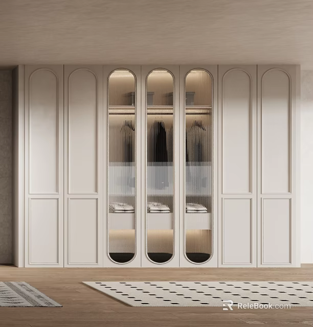 Modern Elegant White Wardrobe With Arched Glass Doors Interior Lighting Hanging Space And Shelves 3d model 