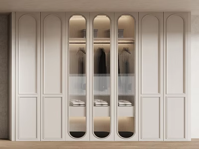 Modern Elegant White Wardrobe With Arched Glass Doors Interior Lighting Hanging Space And Shelves 3d model