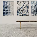 Modern Art Gallery Featuring Various Paintings Sculptures On Pedestals Tables Chairs And Gray Floor