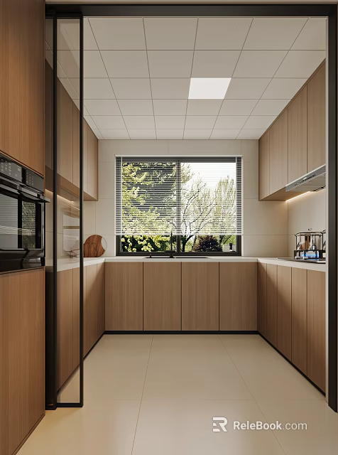 Modern Kitchen Interior Design With Wooden Cabinets Large Window Countertop And Appliances 3d model 