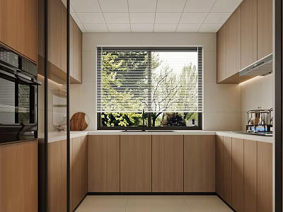Modern Kitchen Interior Design With Wooden Cabinets Large Window Countertop And Appliances 3d model